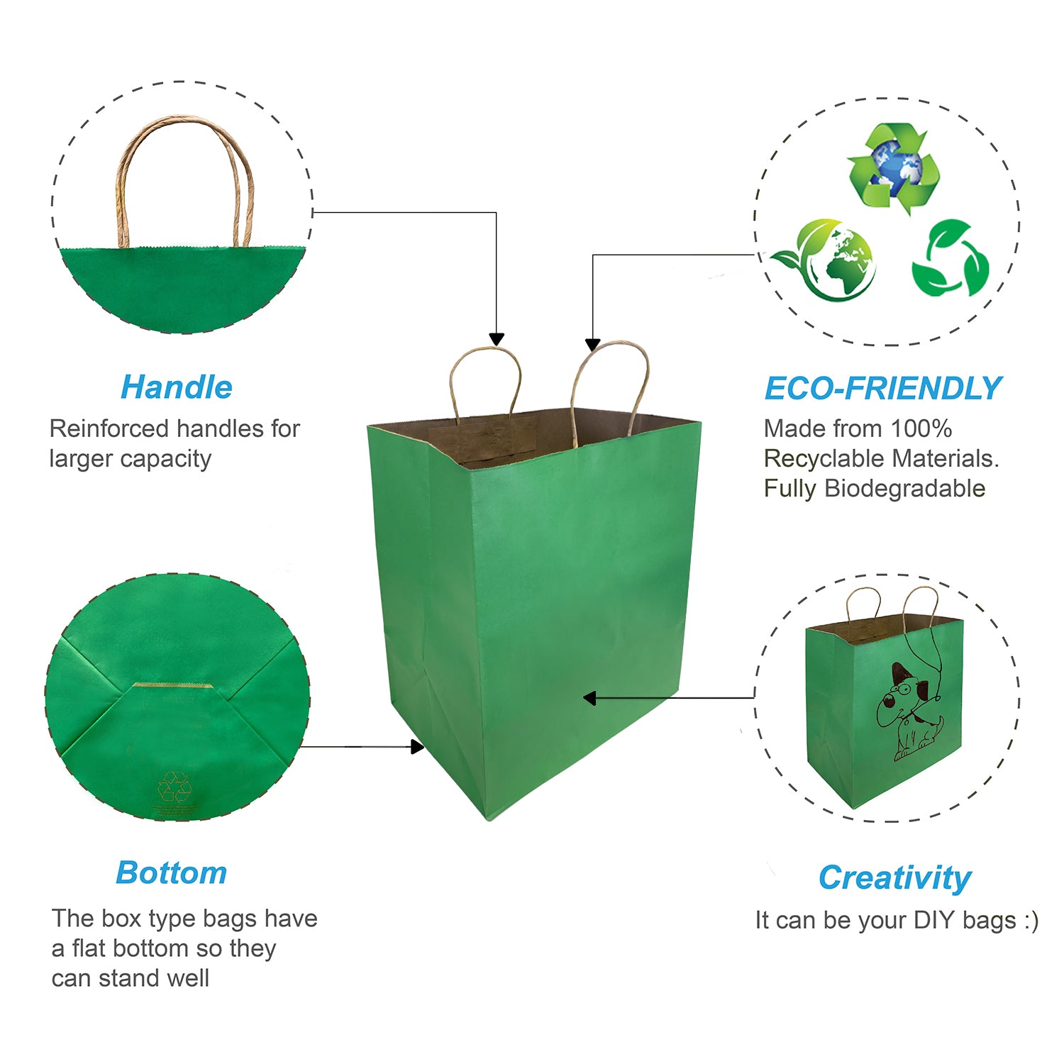 150 Pcs, Super Royal, 14x10x15.75 inches, Green Kraft Paper Bags, with Twisted Handle