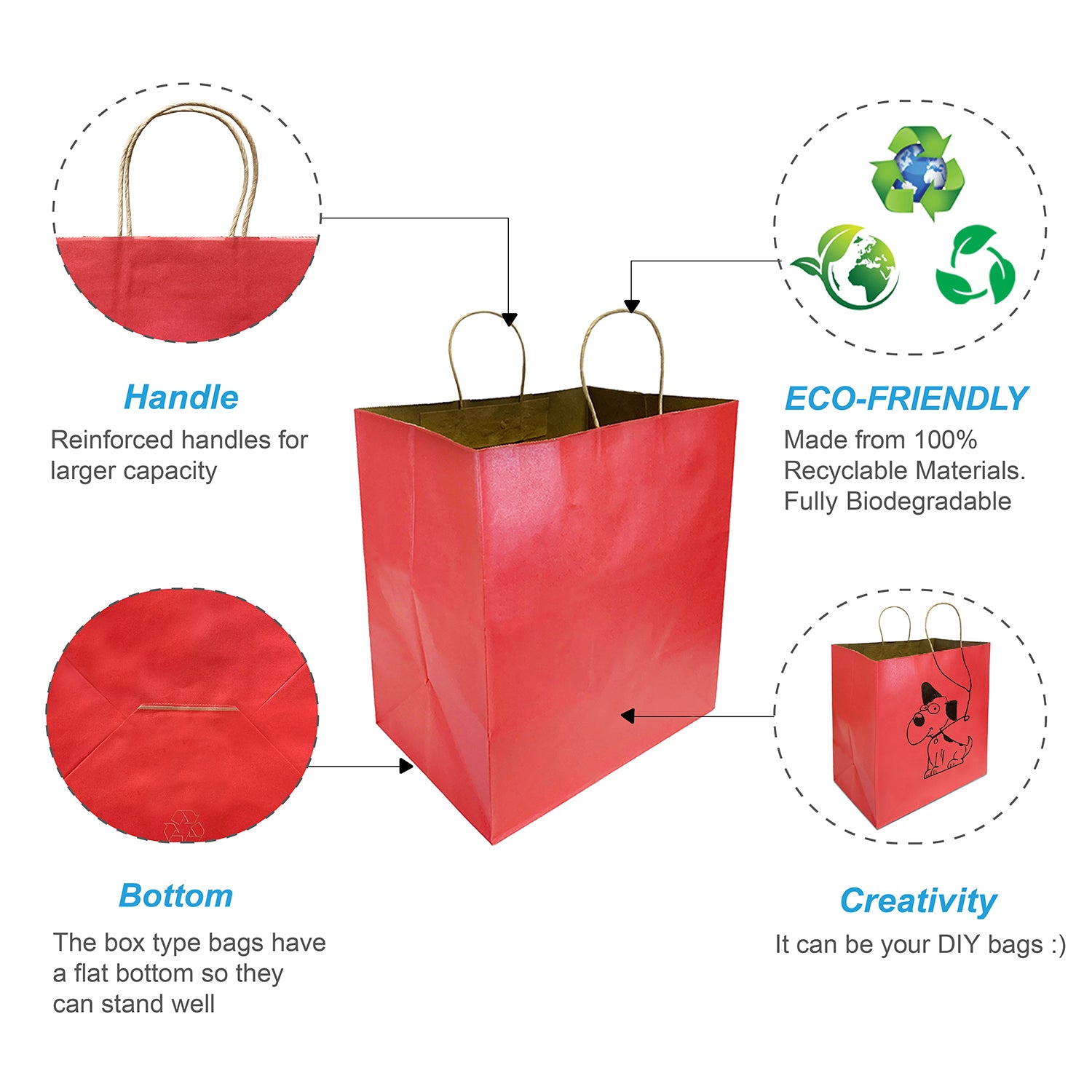 200 Pcs, Super Royal,  14x10x15.75 inches, Red Kraft Paper Bags, with Twisted handle