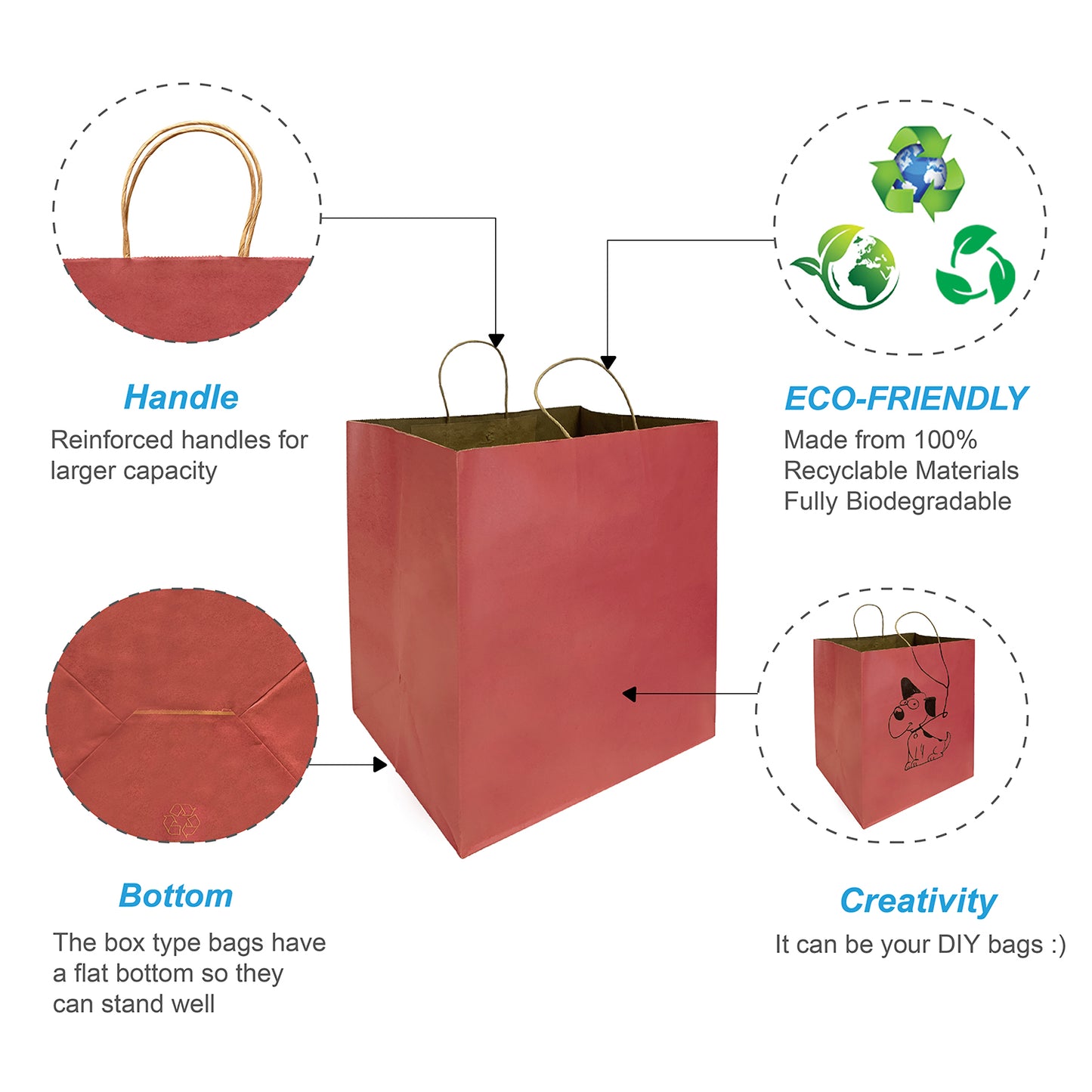 150 Pcs, Super Royal, 14x10x15.75 inches, Burgundy Kraft Paper Bags, with Twisted Handle