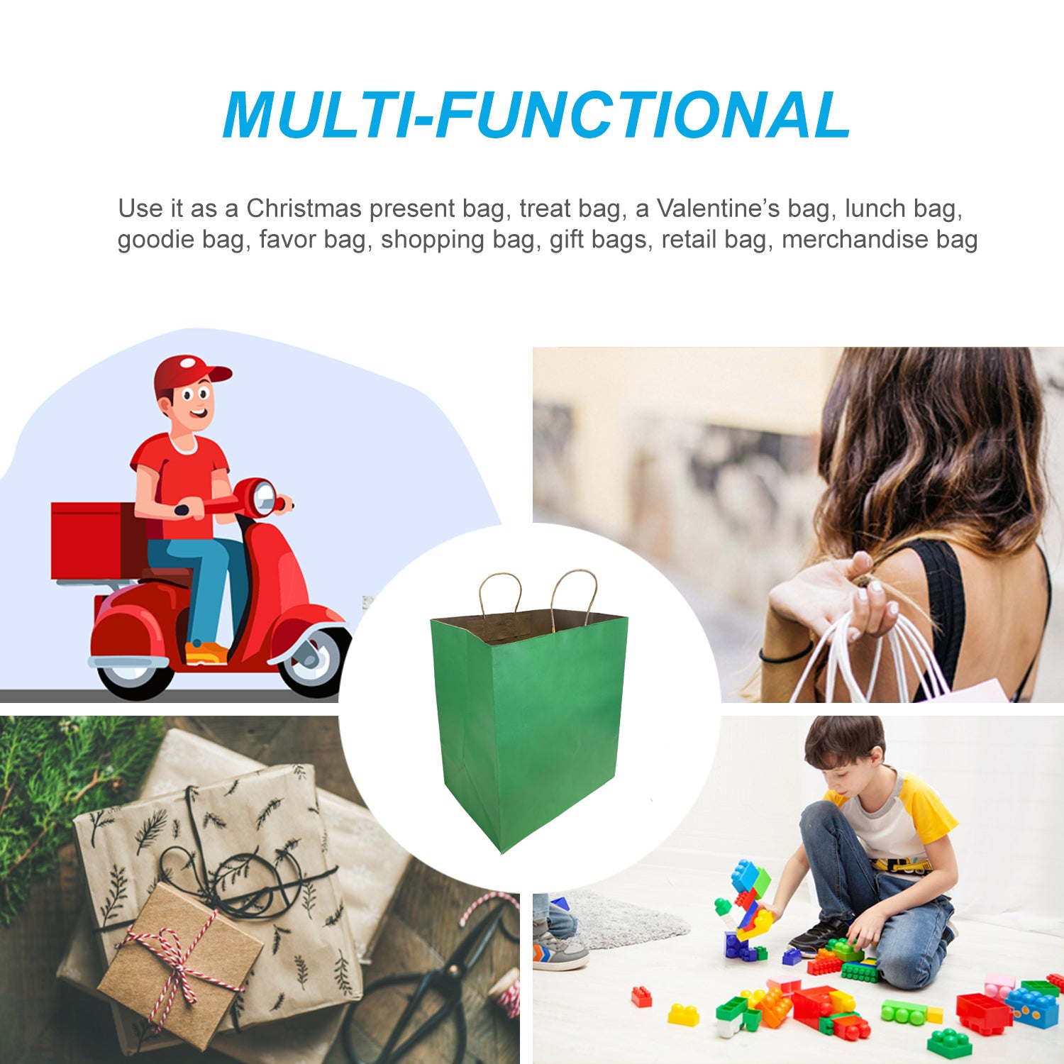 150 Pcs, Super Royal, 14x10x15.75 inches, Green Kraft Paper Bags, with Twisted Handle