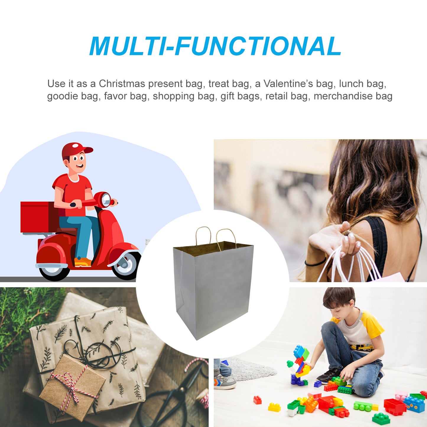 150 Pcs, Super Royal, 14x10x15.75 inches, Grey Kraft Paper Bags, with Twisted Handle