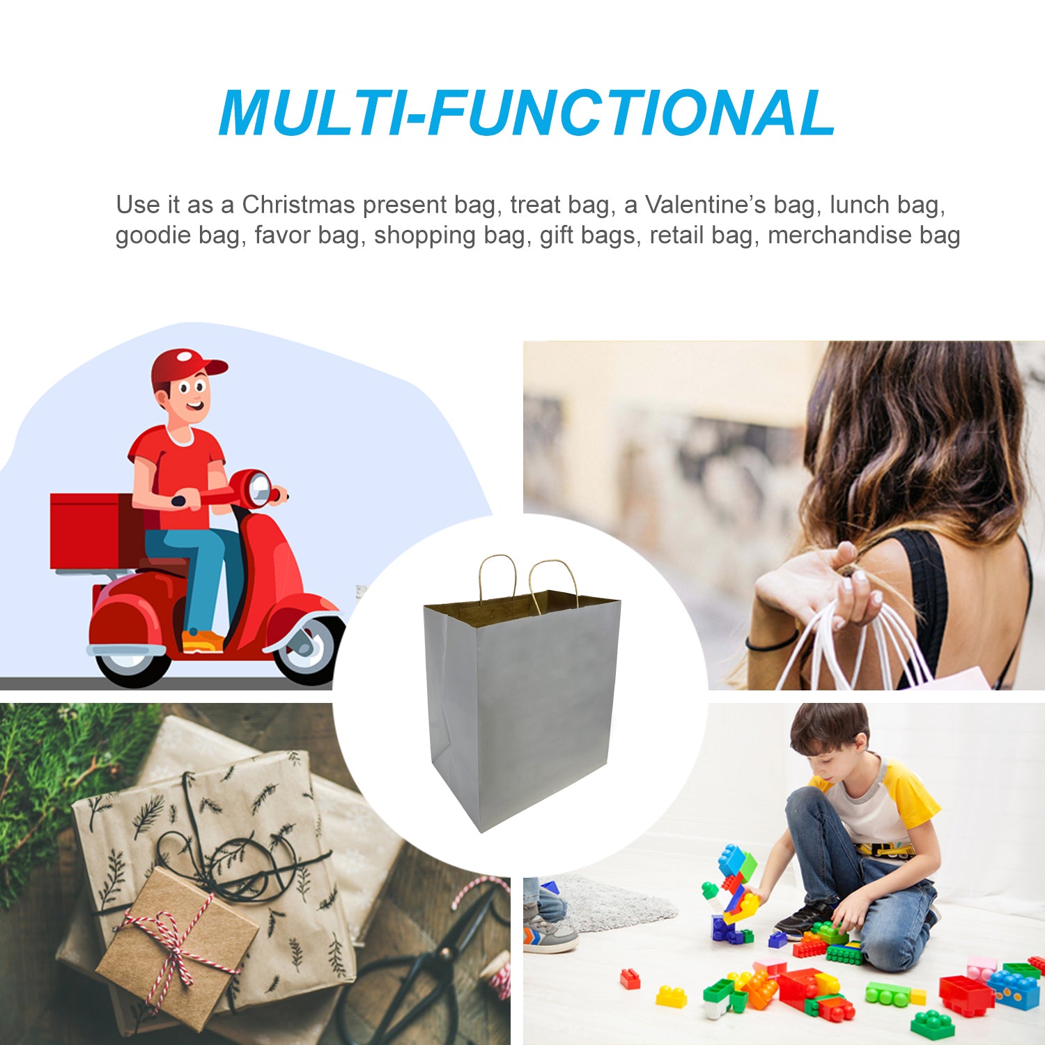 150 Pcs, Super Royal, 14x10x15.75 inches, Grey Kraft Paper Bags, with Twisted Handle