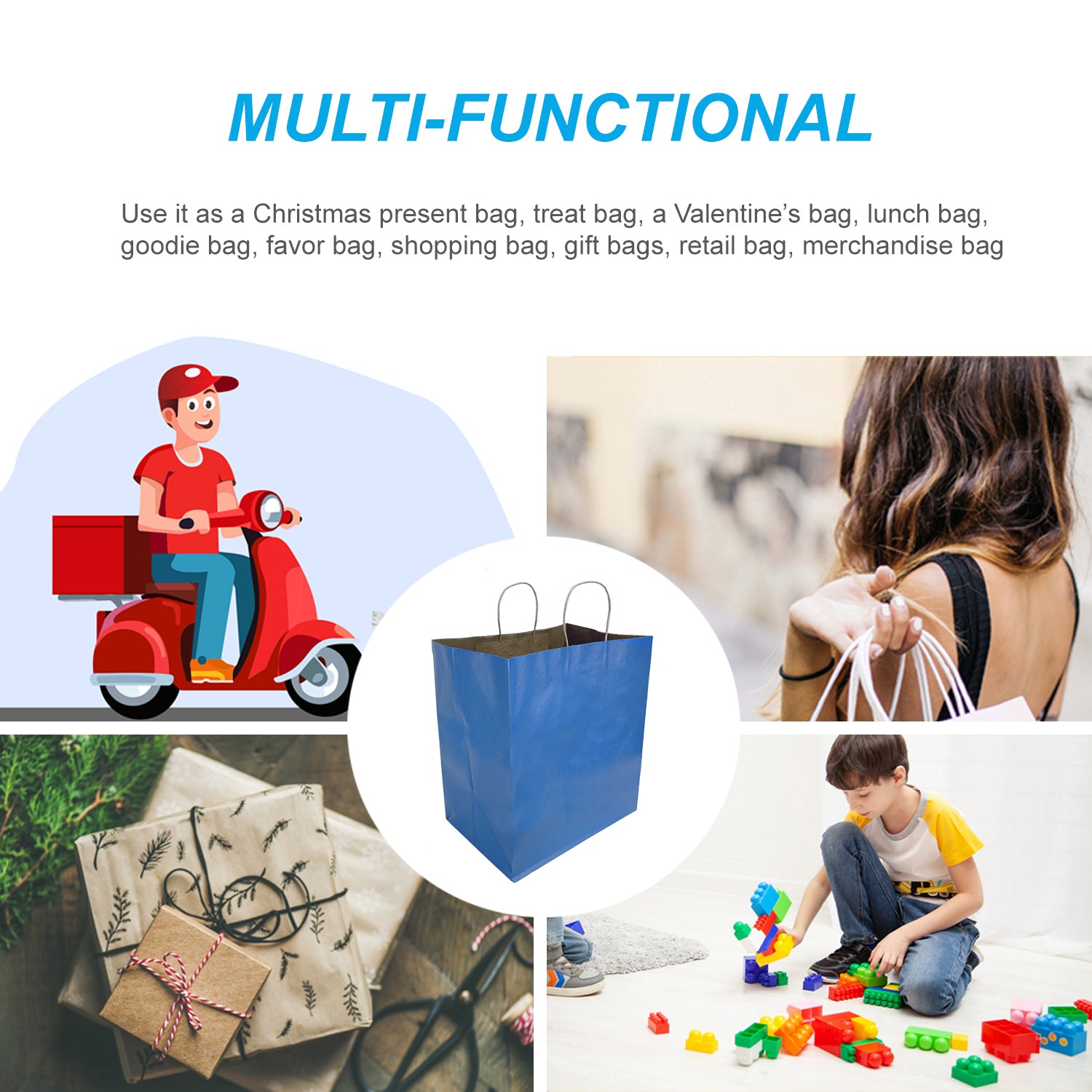 150 Pcs, Super Royal, 14x10x15.75 inches, Blue Kraft Paper Bags, with Twisted Handle