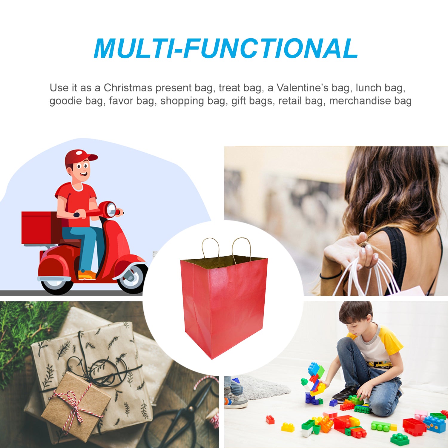 200 Pcs, Super Royal,  14x10x15.75 inches, Red Kraft Paper Bags, with Twisted handle