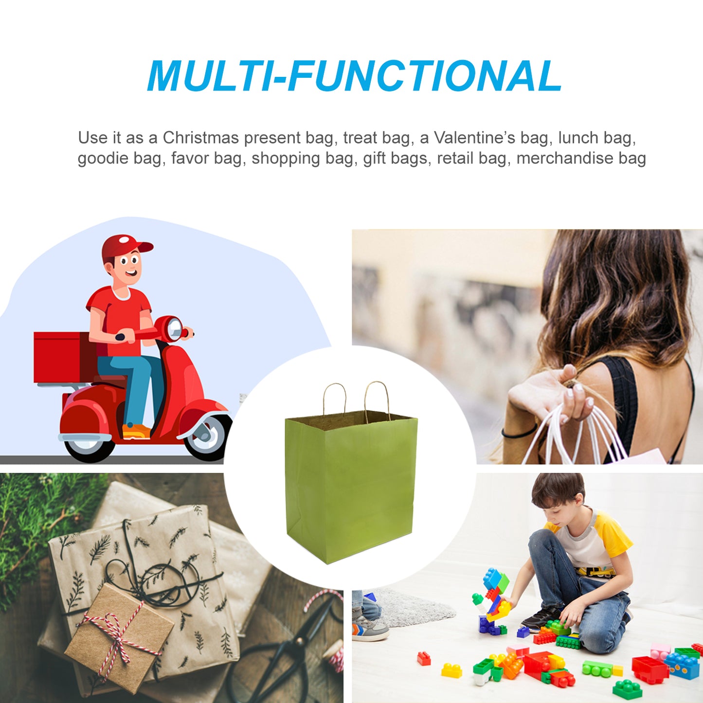 150 Pcs, Super Royal, 14x10x15.75 inches, Lime Kraft Paper Bags, with Twisted Handle