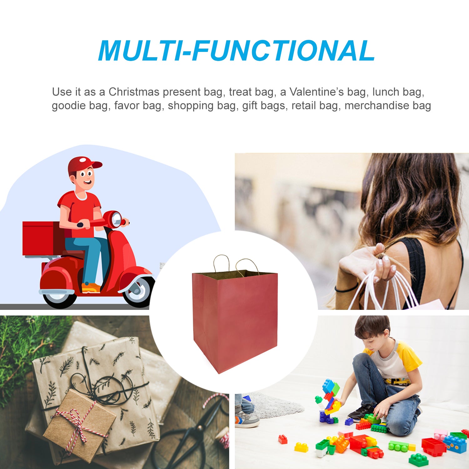 150 Pcs, Super Royal, 14x10x15.75 inches, Burgundy Kraft Paper Bags, with Twisted Handle