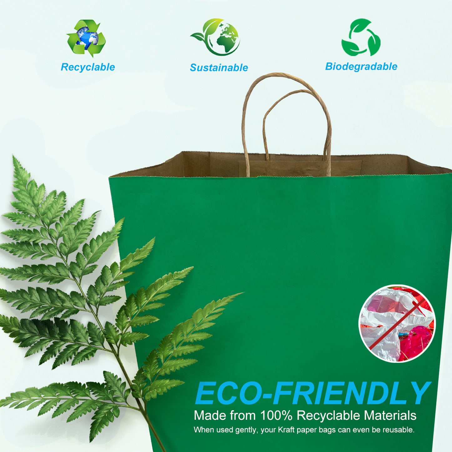 150 Pcs, Super Royal, 14x10x15.75 inches, Green Kraft Paper Bags, with Twisted Handle