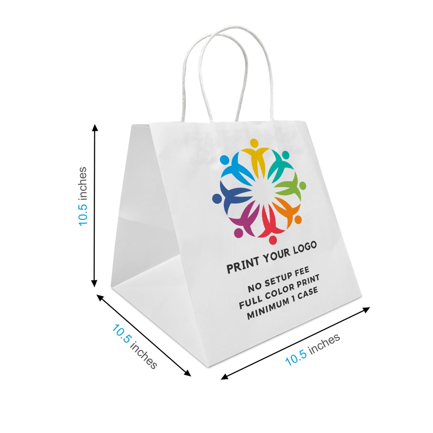 250pcs, Cube 10.5x10.5x10.5 inches White Paper Bags Twisted Handles, Full Color Custom Print, Printed in North America