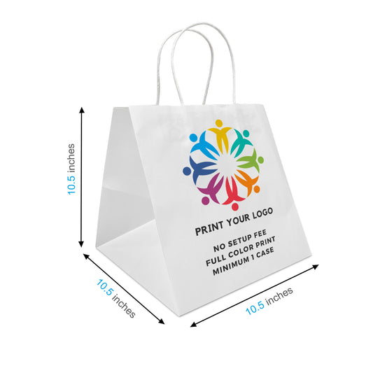 250pcs, Cube 10.5x10.5x10.5 inches White Paper Bags Twisted Handles, Full Color Custom Print, Printed in North America