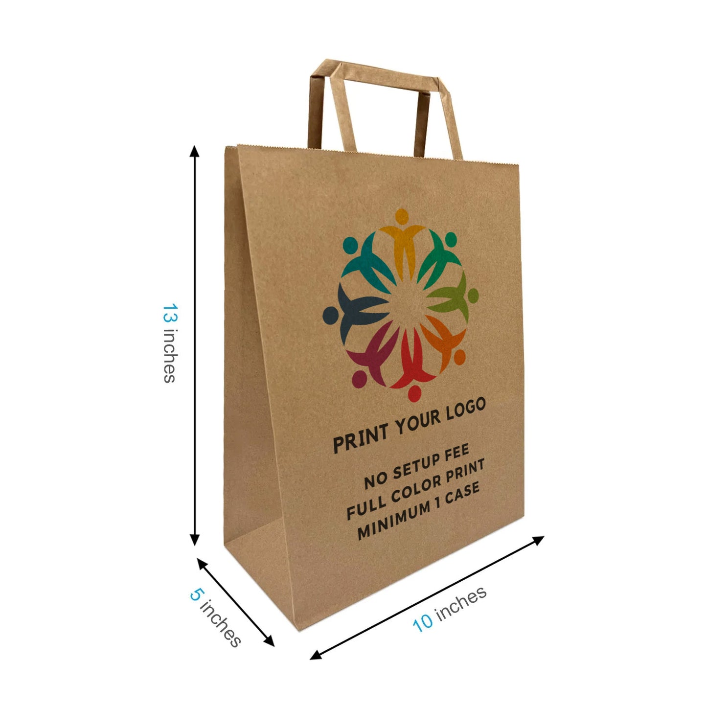 300pcs, Debbie 10x5x13 inches Kraft Paper Bags Flat Handles, Full Color Print, Printed in North America