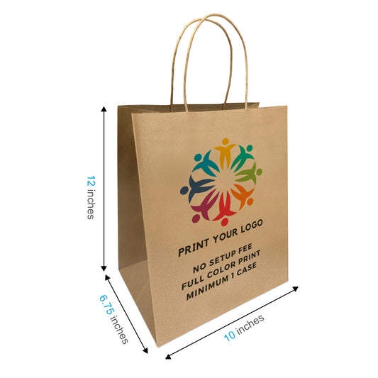 250pcs Bistro 10x6.75x12 inches Kraft Paper Bags Twisted Handles, Full Color Custom Print, Printed in North America