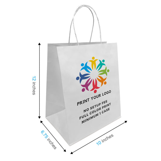250pc Bistro 10x7x12 inches White Paper Bags Twisted Handles, Full Color Custom Print, Printed in North America