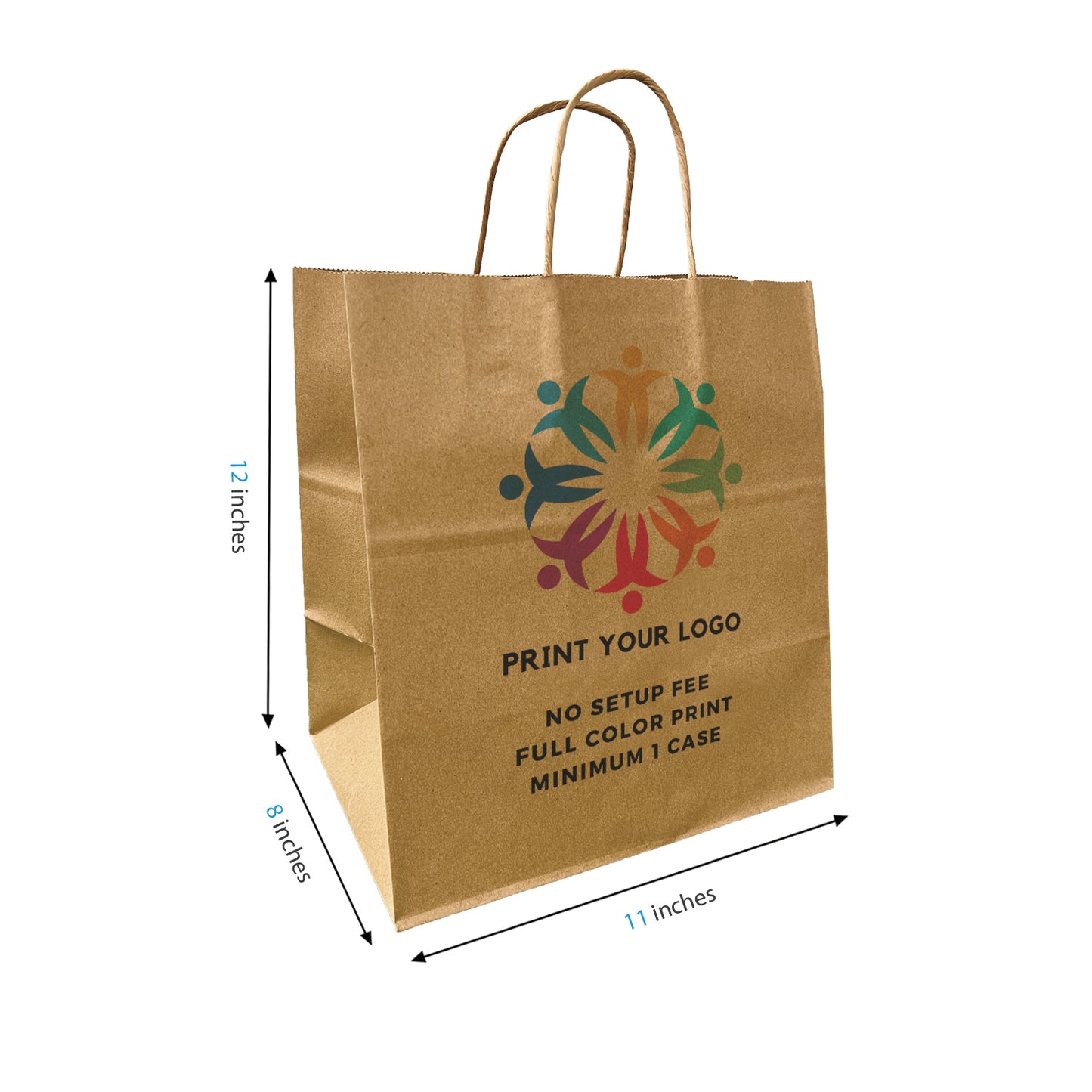 200pcs, Bento 11x8x12 inches Kraft Paper Bags Cardboard Insert Twisted Handles; Full Color Custom Print, Printed in Canada