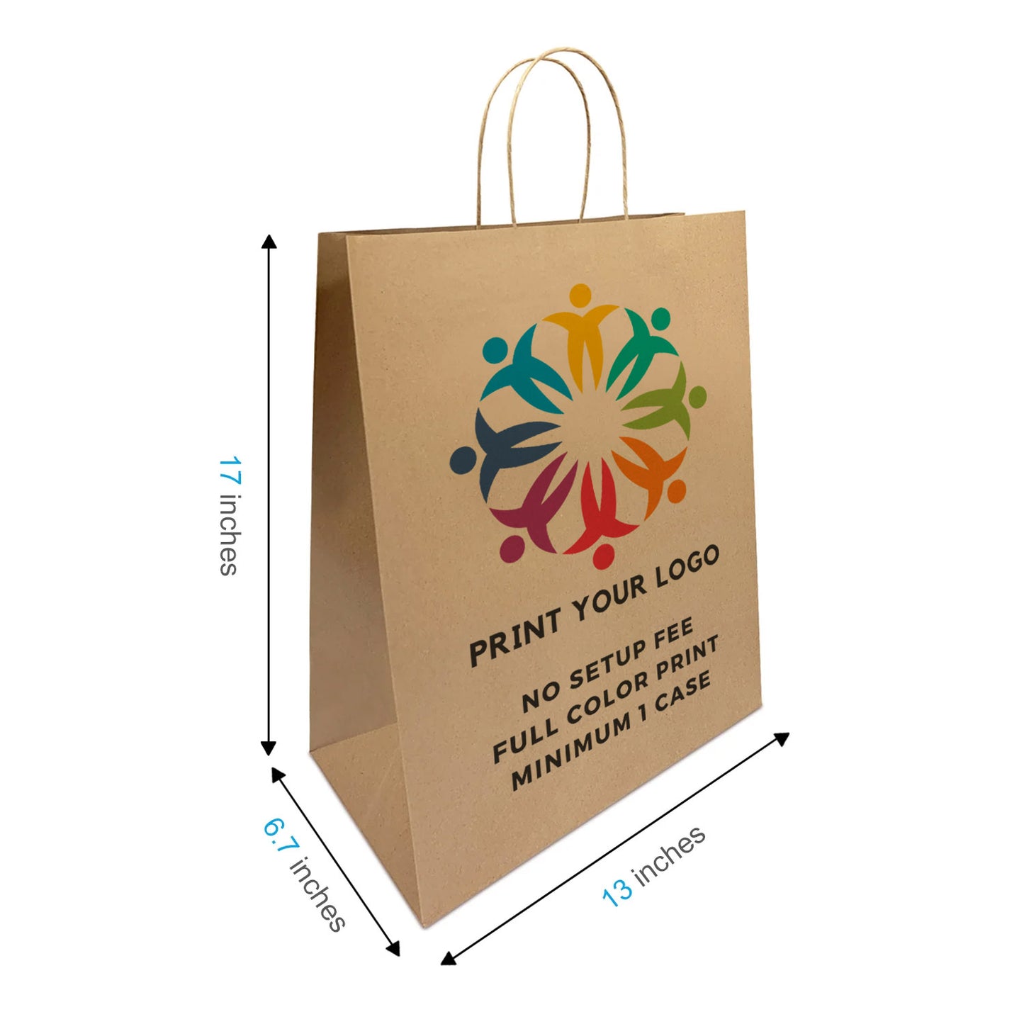 250pcs Mart 13x7x17 inches Kraft Paper Bags Twisted Handles, Full Color Print, Printed in North America