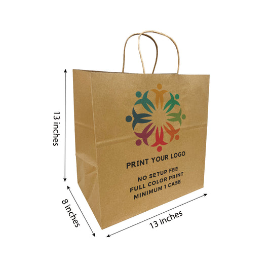 200pcs, Take Out 13x8x13 inches Kraft Paper Bags Cardboard Insert Twisted Handles; Full Color Custom Print, Printed in Canada