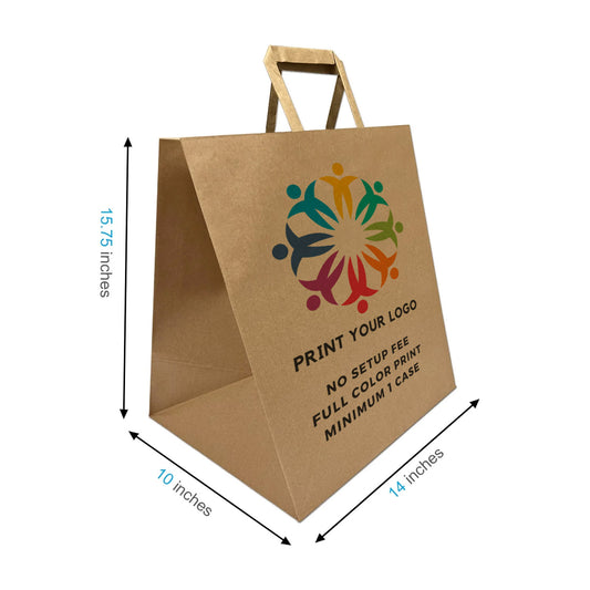 250pcs Super Royal 14x10x15.75 inches Kraft Paper Bags Flat Handles, Full Color Print, Printed in North America