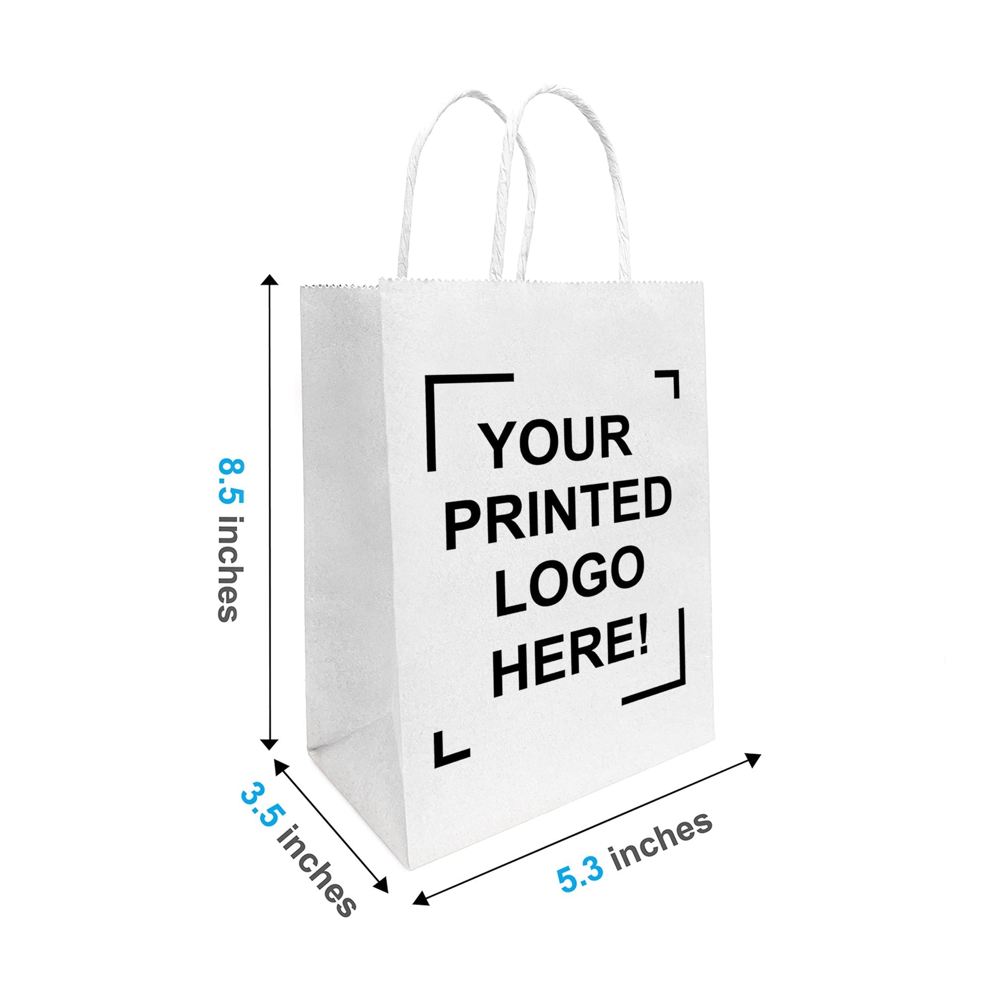 100 Pcs, Gem, 5.3x3.5x8.5 inches, White Paper Bags, with Twisted Handle, Full Color Custom Print