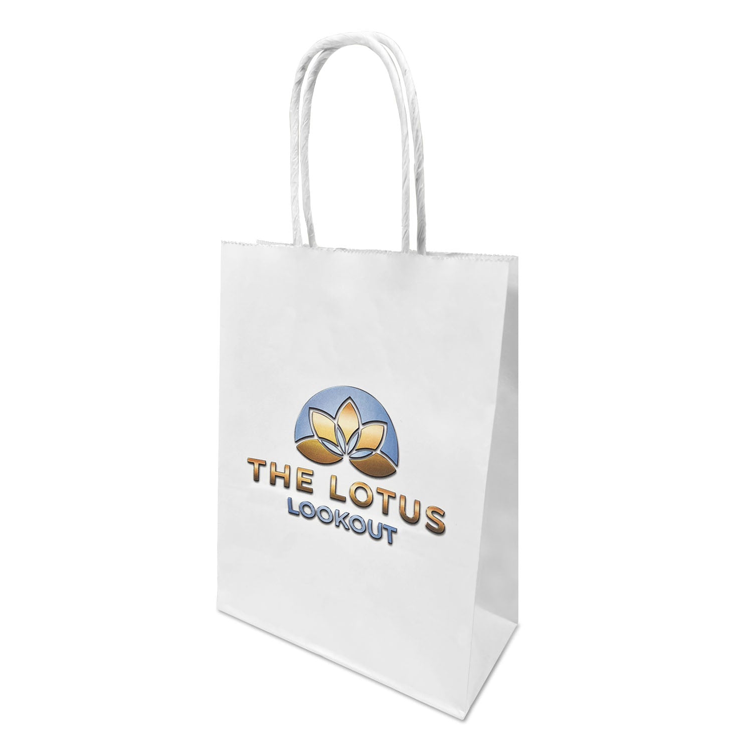 100 Pcs, Gem, 5.3x3.5x8.5 inches, White Paper Bags, with Twisted Handle, Full Color Custom Print