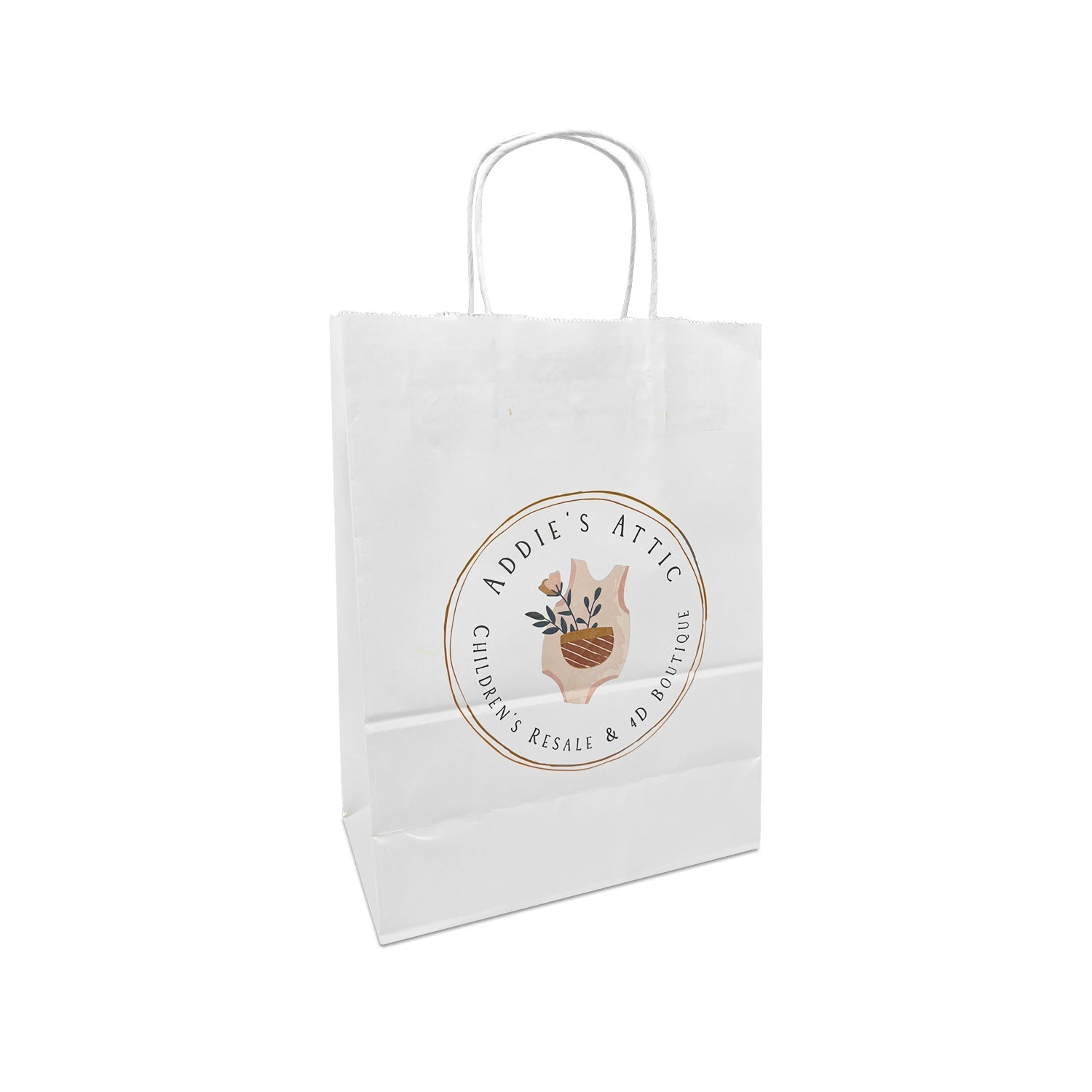 100 Pcs, Gem, 5.3x3.5x8.5 inches, White Paper Bags, with Twisted Handle, Full Color Custom Print