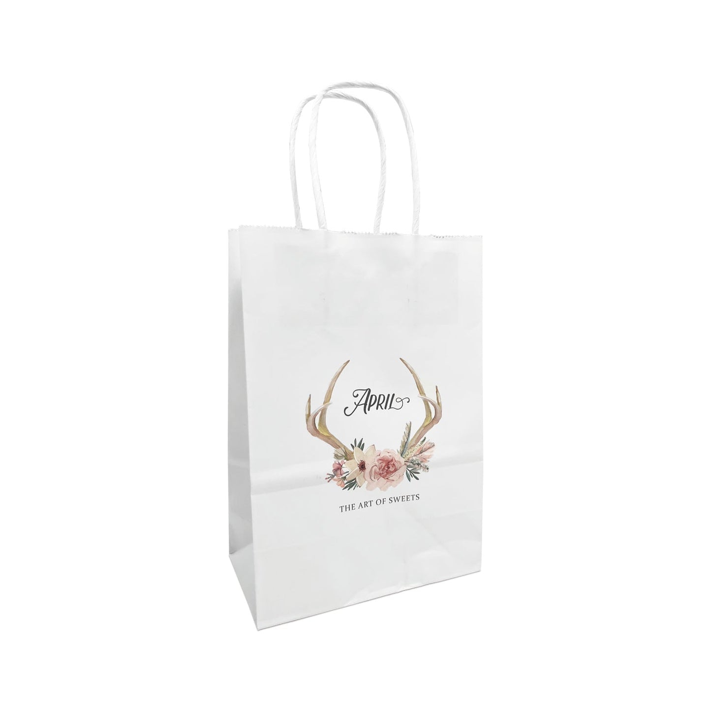 100 Pcs, Gem, 5.3x3.5x8.5 inches, White Paper Bags, with Twisted Handle, Full Color Custom Print