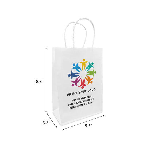 250pcs Gem 5.3x3.5x8.5 inches White Paper Bags Twisted Handles; Full Color Custom Print, Printed in Canada