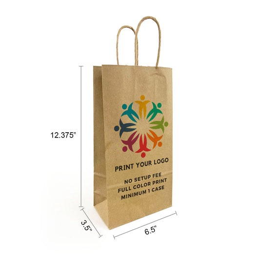 250pcs, Double Wine 6.5x3.5x12.375 inches Kraft Paper Bags Twist Handles; Full Color Custom Print, Printed in Canada