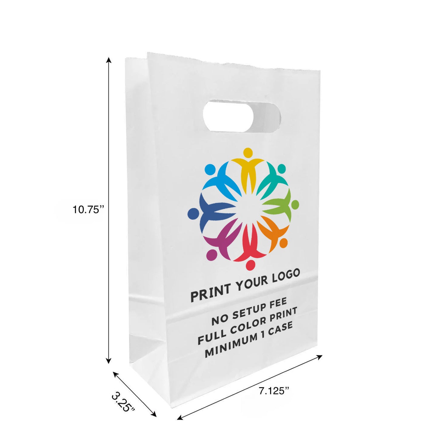 250pcs Snack 7.125x3.25x10.75 inches White Paper Bags Die Cut Handles; Full Color Custom Print, Printed in Canda
