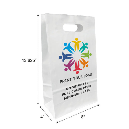 250 Pcs Pub 8x4x13.625 inches White Paper Bags Die Cut Handles; Full Color Custom Print, Printed in Canda