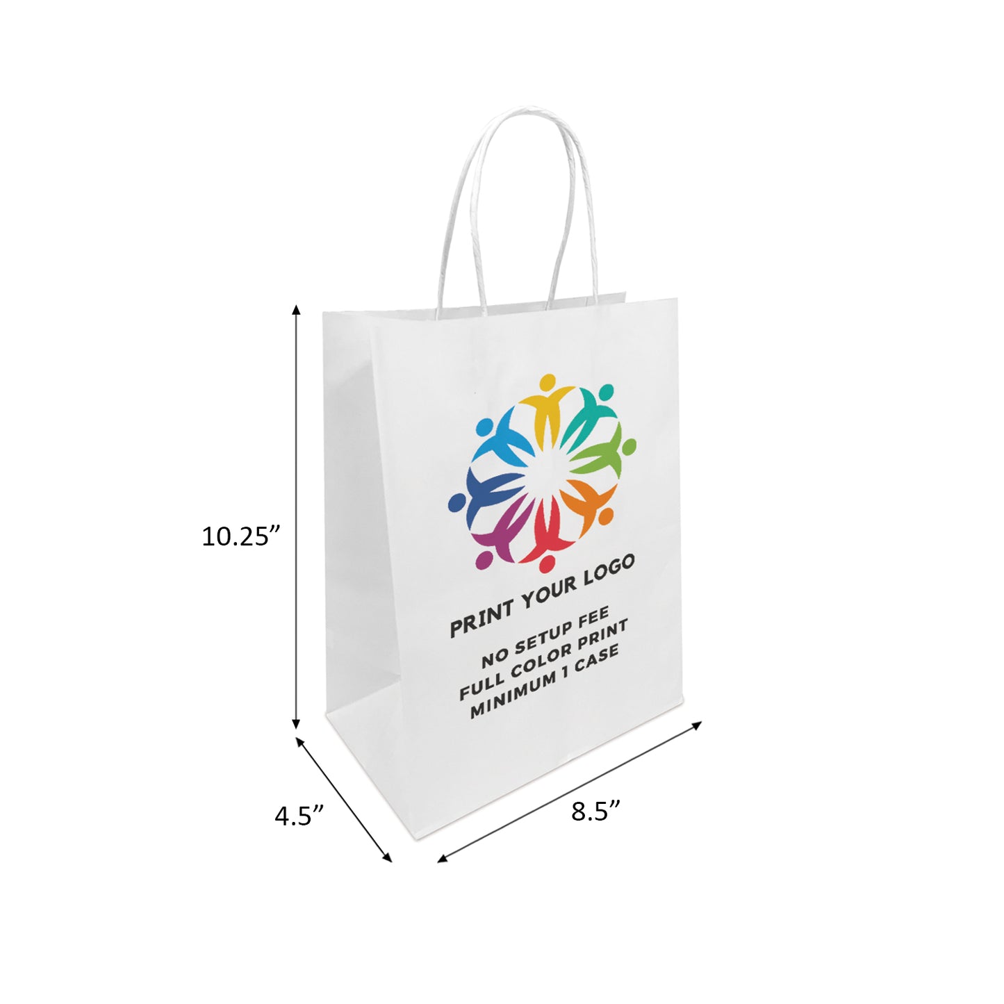 250pcs Cub 8x4.75x10.25 White Paper Bags Twisted Handles; Full Color Custom Print, Printed in Canada