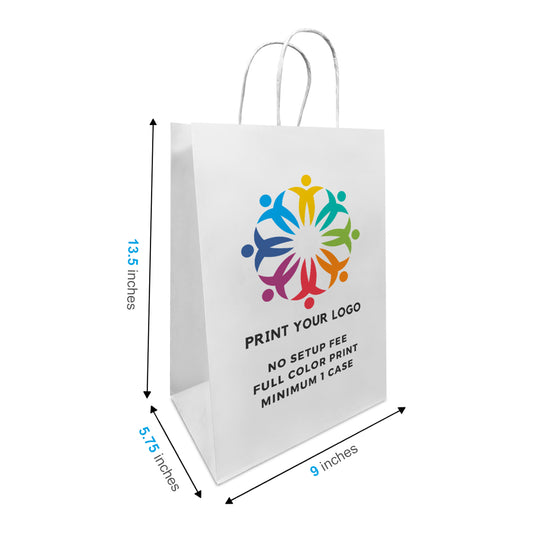 200pcs, Bottle 9x5.75x13.5 inches White Paper Bag; Full Color Print, Printed in North America