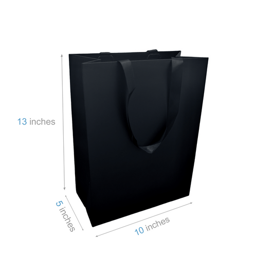FB1053BK | 100pcs Debbie 10x5x13 inches Black Laminated Contour Luxe Paper Gift Bag, Double-sides Smooth Finish, Black Ribbon Handles; U$1.24/pc