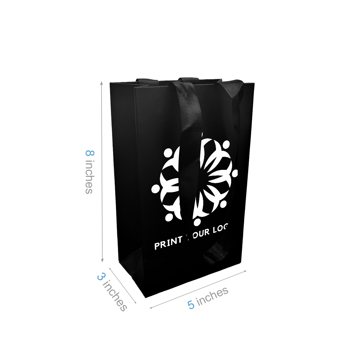 Gem 5x3x8 inches Black Laminated Contour Luxe Paper Gift Bag, Double-sides Smooth Finish, Black Ribbon Handles; One Color Custom Print, Printed in Canada