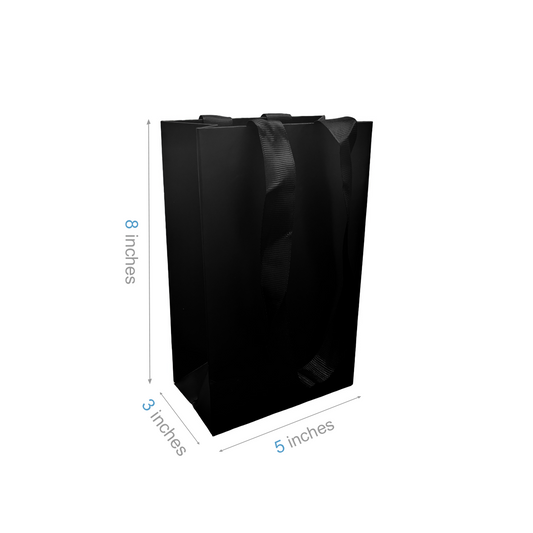 FB5358BK | 200pcs Gem 5x3x8 inches Black Laminated Contour Luxe Paper Gift Bag, Double-sides Smooth Finish, Black Ribbon Handles; U$0.82/pc