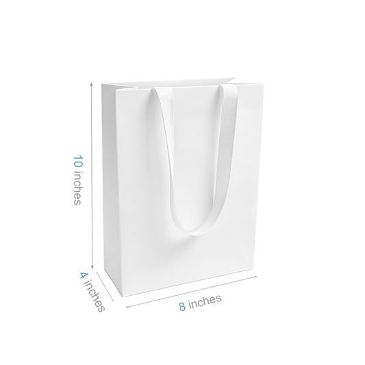 FB8410WW | 200pcs Cub 8x4x10 inches White Contour Luxe Paper Gift Bag, Double-sides Smooth Finish, White Ribbon Handles; U$0.94/pc