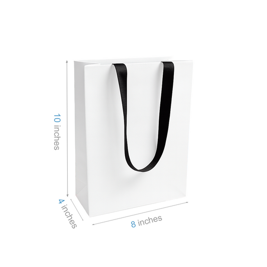 FB8410WB | 200pcs Cub 8x4x10 inches White Contour Luxe Paper Gift Bag, Double-sides Smooth Finish, Black Ribbon Handles; U$0.94/pc