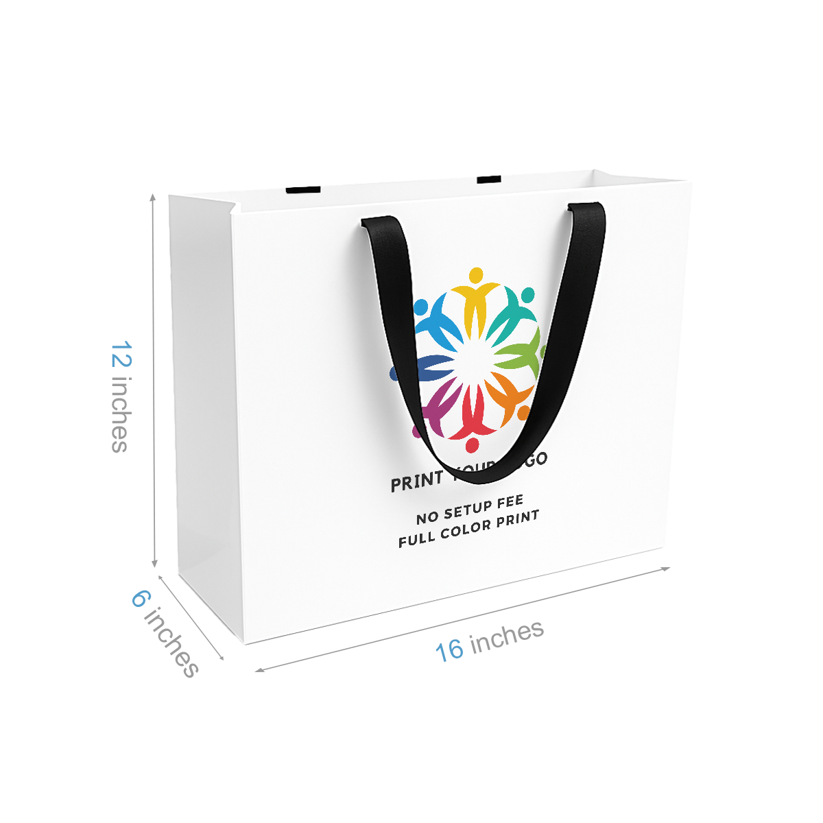 Vogue 16x6x12 inches White Contour Luxe Paper Gift Bag, Double-sides Smooth Finish, Black Ribbon Handles; Full Color Custom Print, Printed in Canada