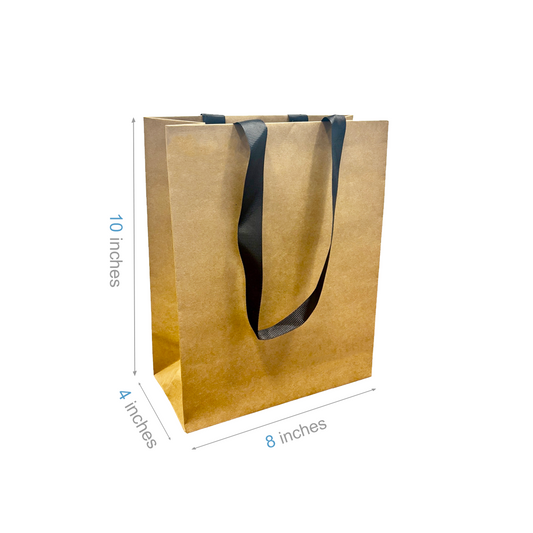 FB8410BBLK | 200pcs Cub 8x4x10 inches Kraft Contour Luxe Paper Gift Bag, Double-sides Smooth Finish, Black Ribbon Handles; U$0.83/pc
