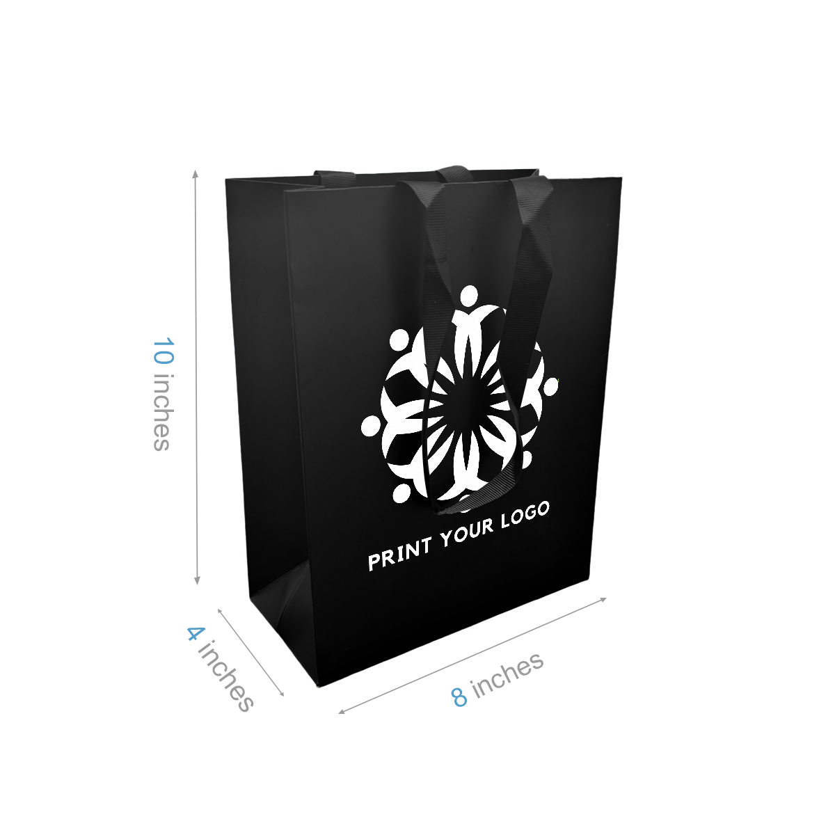 Cub 8x4x10 inches Black Laminated Contour Luxe Paper Gift Bag, Double-sides Smooth Finish, Black Ribbon Handles; One Color Custom Print, Printed in Canada