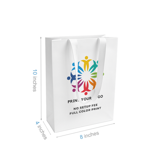 Cub 8x4x10 inches White Contour Luxe Paper Gift Bag, Double-sides Smooth Finish, White Ribbon Handles; Full Color Custom Print, Printed in Canada