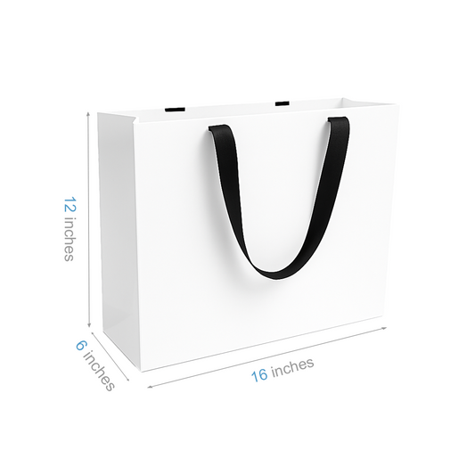FB1662WB | 100pcs Vogue 16x6x12 inches White Contour Luxe Paper Gift Bag, Double-sides Smooth Finish, Black Ribbon Handles; U$1.36/pc