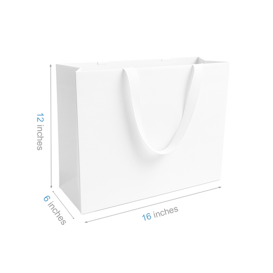 FB1662WW | 100pcs Vogue 16x6x12 inches White Contour Luxe Paper Gift Bag, Double-sides Smooth Finish, White Ribbon Handles; U$1.36/pc