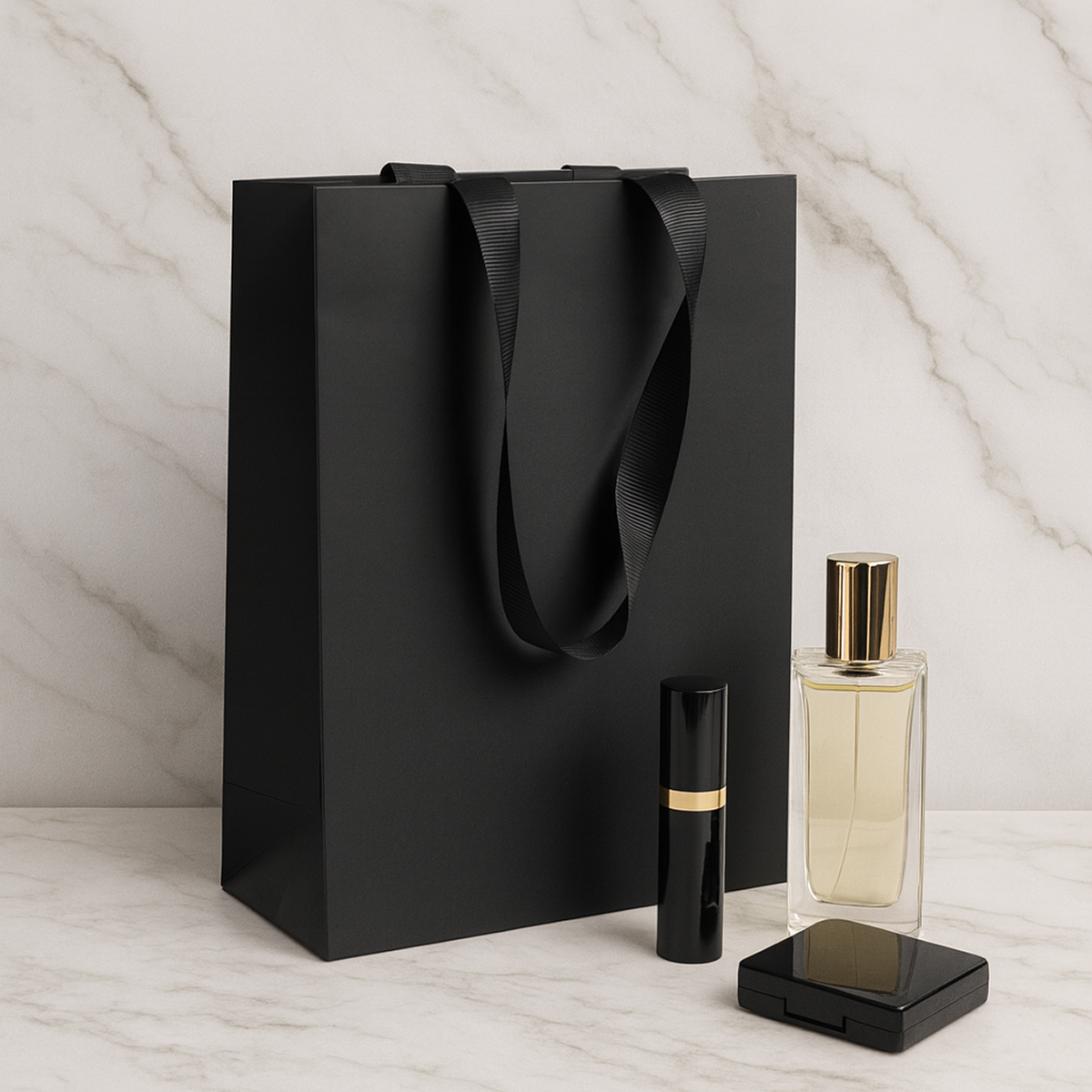 FB8410BK | 200pcs Cub 8x4x10 inches Black Laminated Contour Luxe Paper Gift Bag, Double-sides Smooth Finish, Black Ribbon Handles; U$1.02/pc