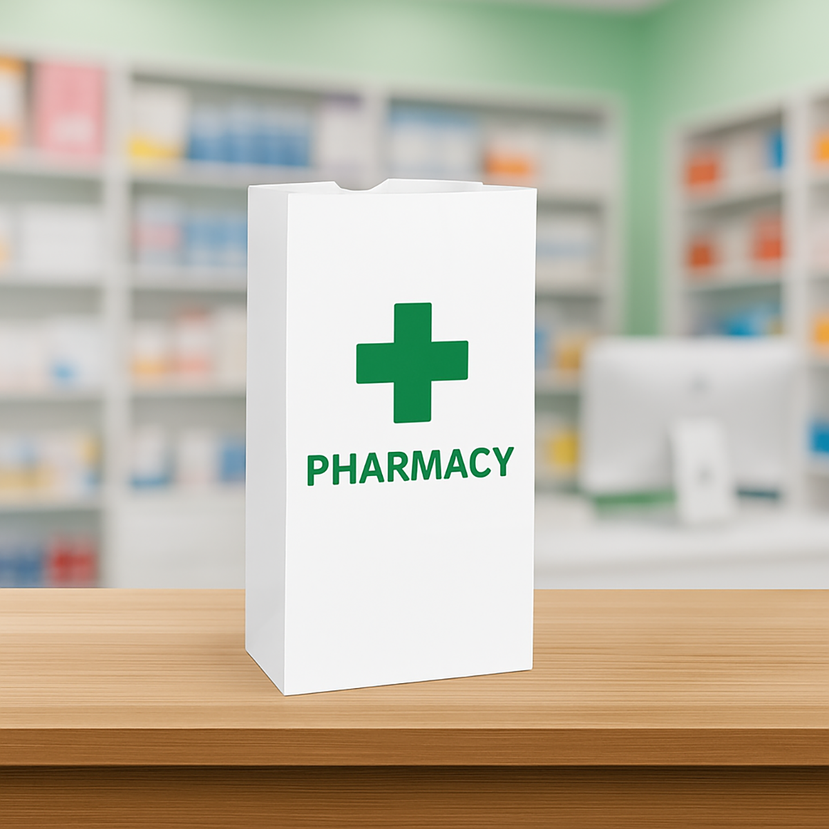 #5 - 5.25" x 3.25" x 11" - Prescription Bags - White Grocery Bags - Carton of 1000 - KIS PAPER - 6024; Full Color Custom Print, Printed in Canada