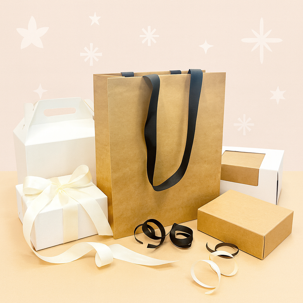 FB8410BBLK | 200pcs Cub 8x4x10 inches Kraft Contour Luxe Paper Gift Bag, Double-sides Smooth Finish, Black Ribbon Handles; U$0.83/pc