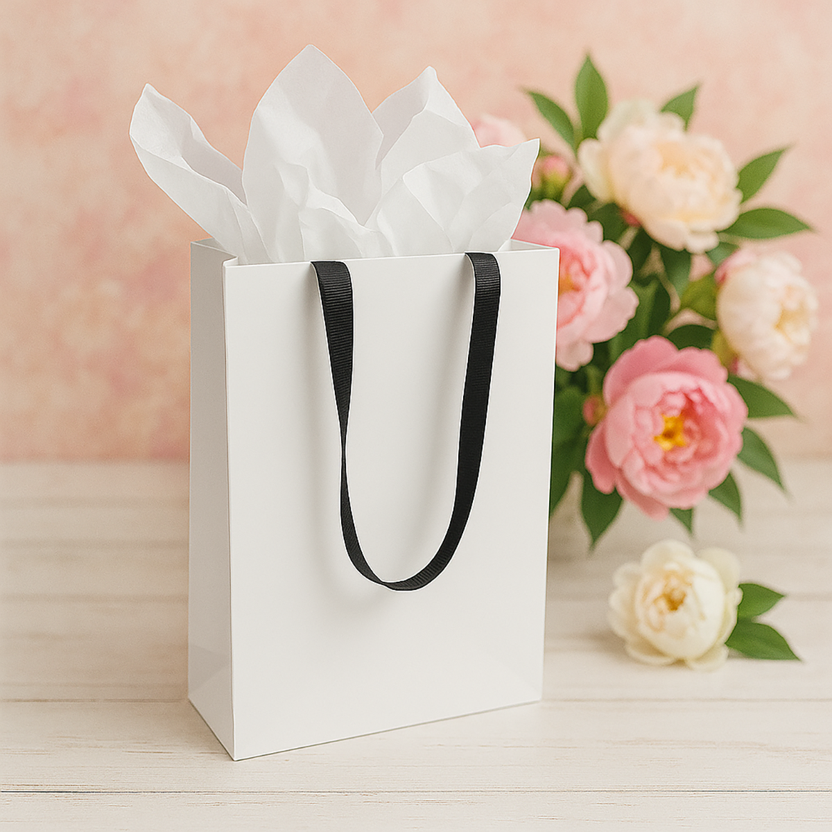 FB8410WB | 200pcs Cub 8x4x10 inches White Contour Luxe Paper Gift Bag, Double-sides Smooth Finish, Black Ribbon Handles; U$0.94/pc