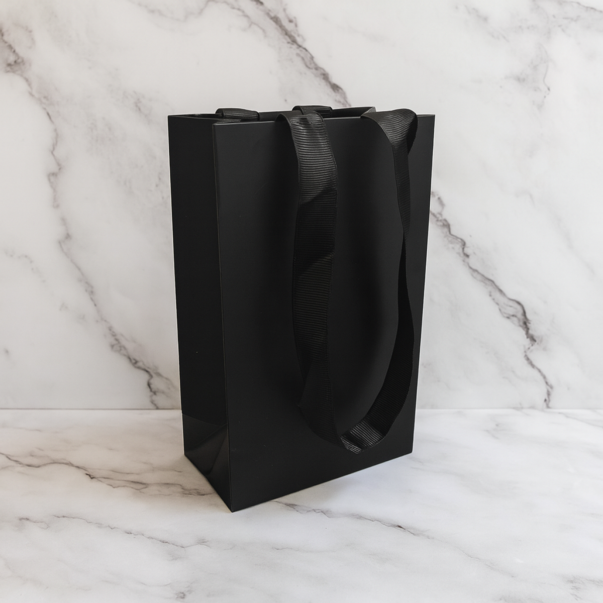 FB5358BK | 200pcs Gem 5x3x8 inches Black Laminated Contour Luxe Paper Gift Bag, Double-sides Smooth Finish, Black Ribbon Handles; U$0.82/pc