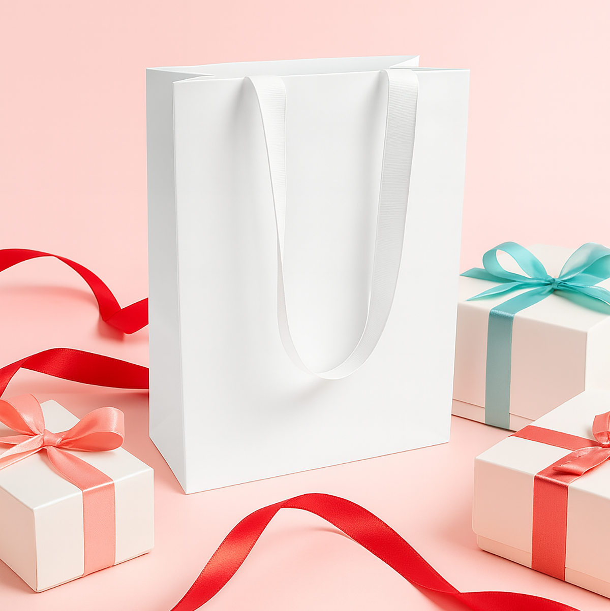 FB8410WW | 200pcs Cub 8x4x10 inches White Contour Luxe Paper Gift Bag, Double-sides Smooth Finish, White Ribbon Handles; U$0.94/pc