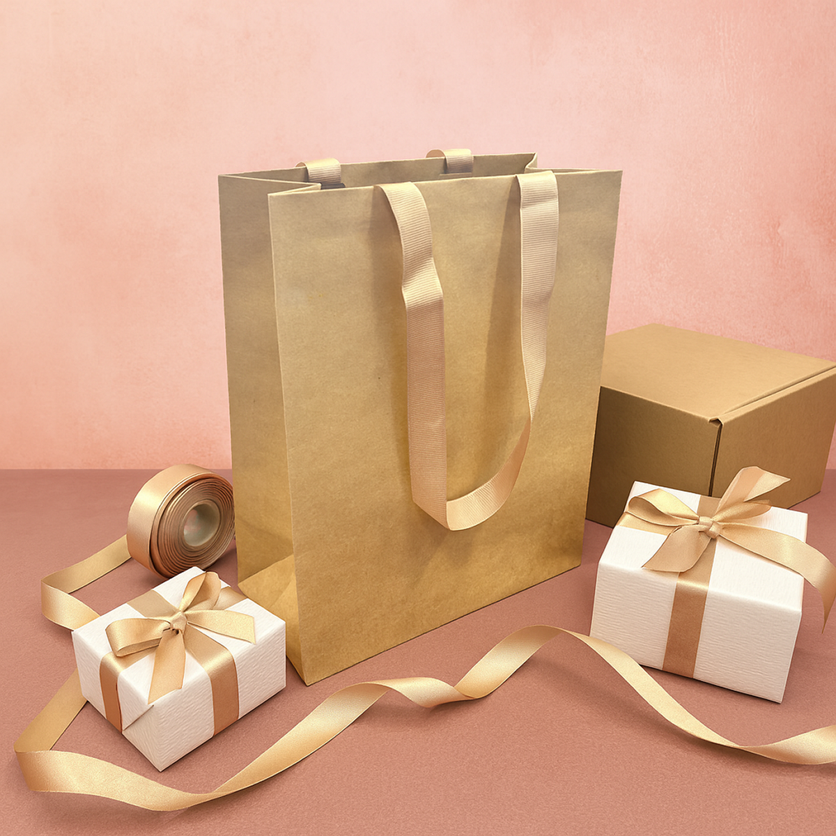 FB8410BBR | 200pcs Cub 8x4x10 inches Kraft Contour Luxe Paper Gift Bag, Double-sides Smooth Finish, Brown Ribbon Handles; U$0.83/pc