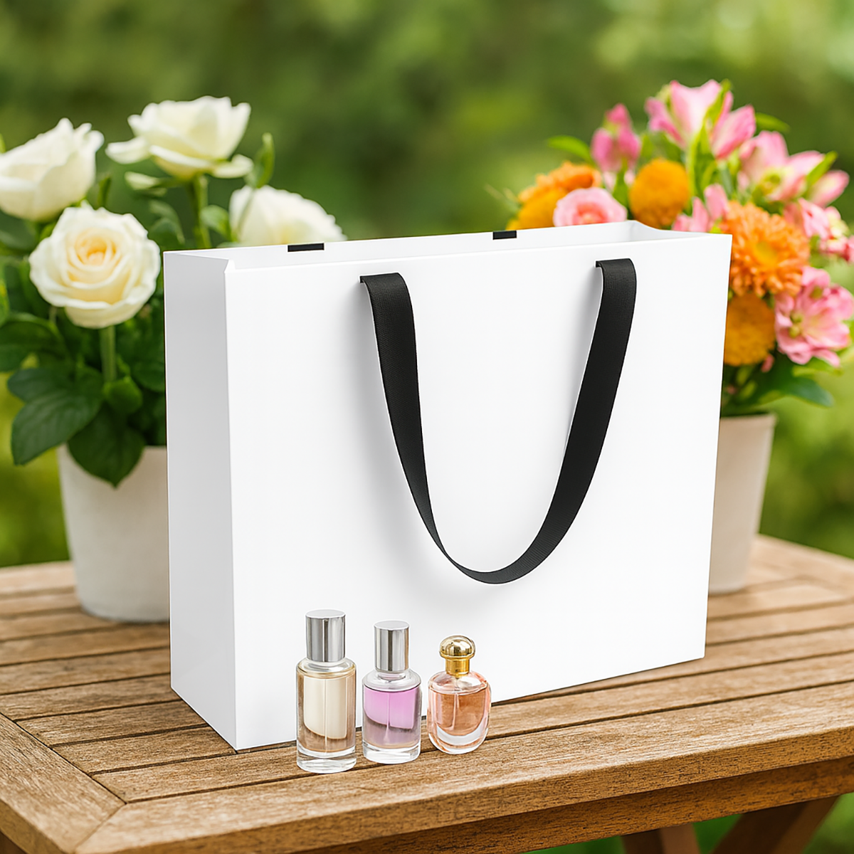 FB1662WB | 100pcs Vogue 16x6x12 inches White Contour Luxe Paper Gift Bag, Double-sides Smooth Finish, Black Ribbon Handles; U$1.36/pc