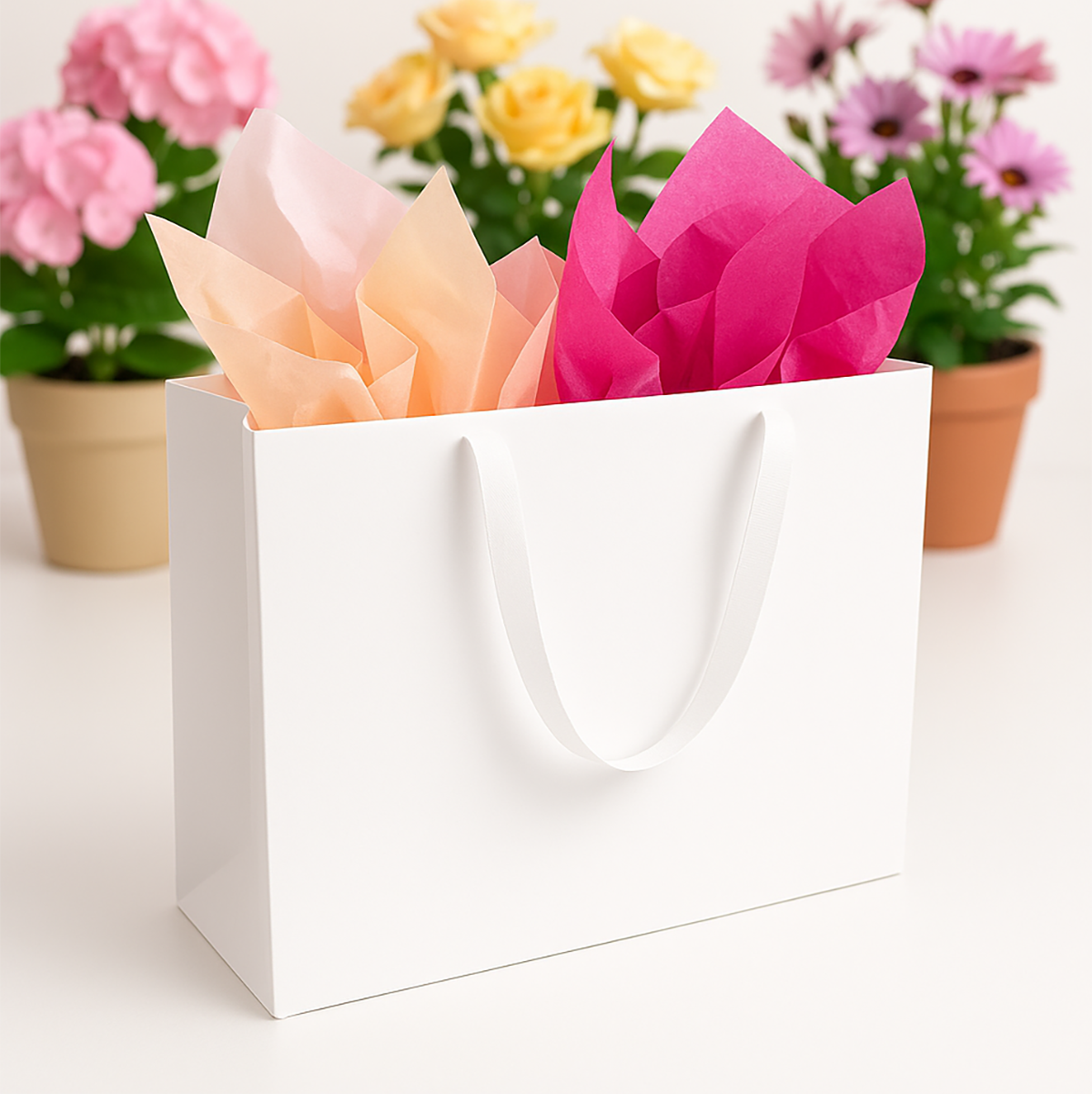 FB1662WW | 100pcs Vogue 16x6x12 inches White Contour Luxe Paper Gift Bag, Double-sides Smooth Finish, White Ribbon Handles; U$1.36/pc